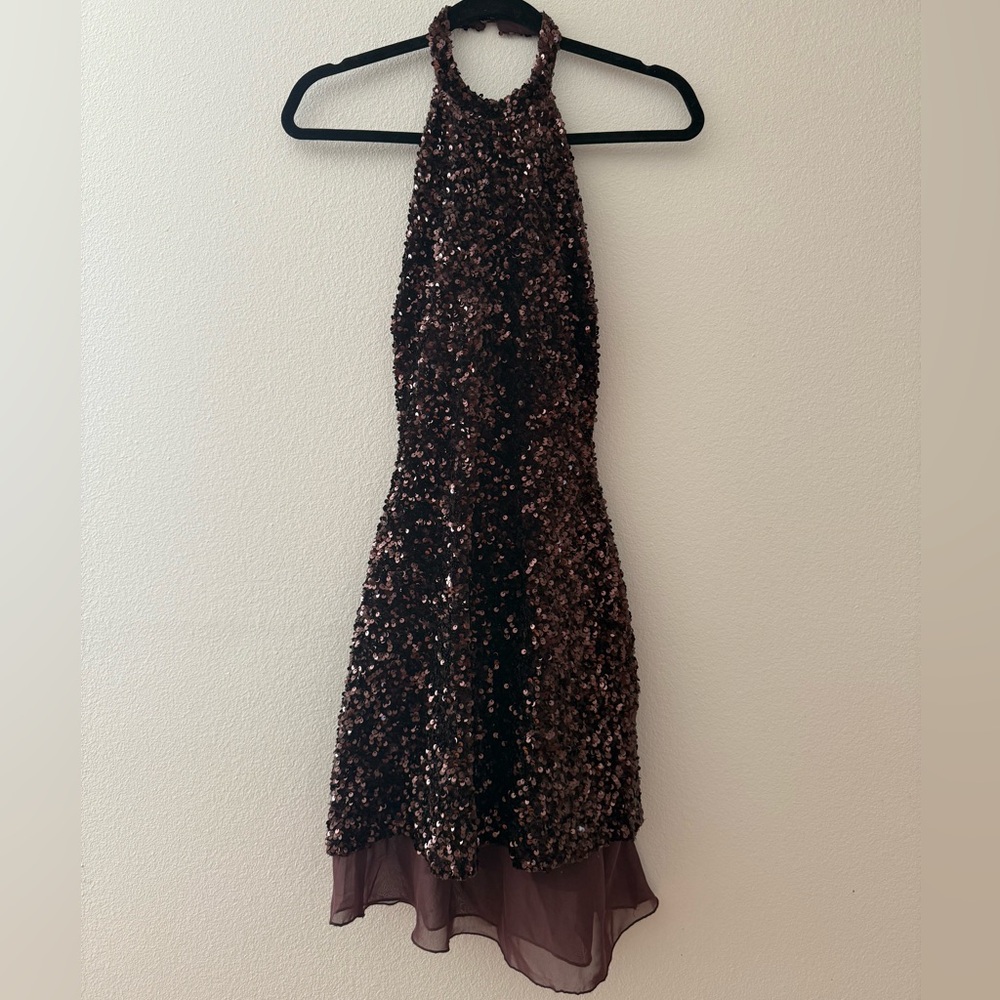 Zara Sequin Halter Mini Dress - Brown